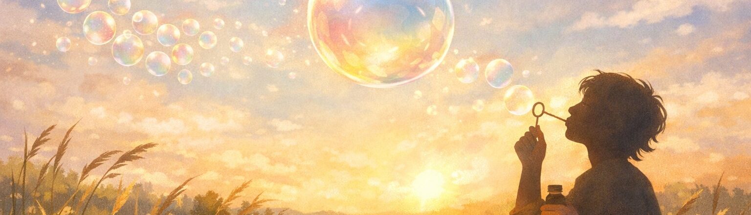 Whimsical illustration of a person blowing soap bubbles drifting on a gentle breeze at sunset, symbolizing thoughts, dreams, and self-reflection in hypnosis.