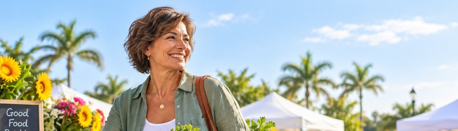 Woman choosing fresh vegetables at a farmers market