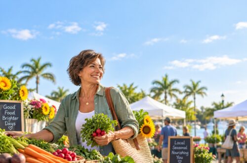 Woman choosing fresh vegetables at a farmers market
