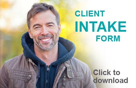Smiling man with "Client Intake Form" text.
