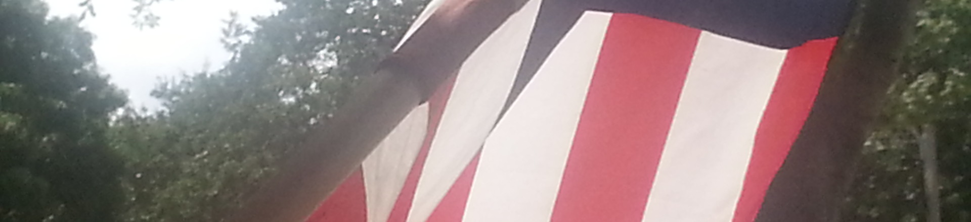 American flag waving outdoors with trees in background.