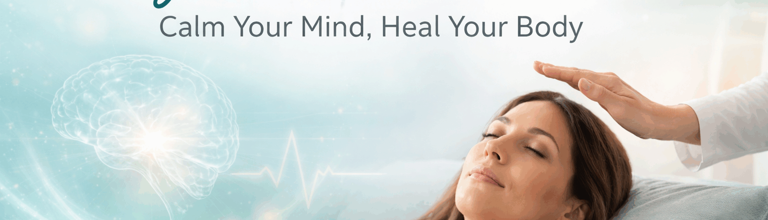 Woman relaxing with eyes closed during a hypnosis session as practitioner holds hand above her head, with calming teal background and brain graphic, text reads “Hypnosis Services – Calm Your Mind, Heal Your Body