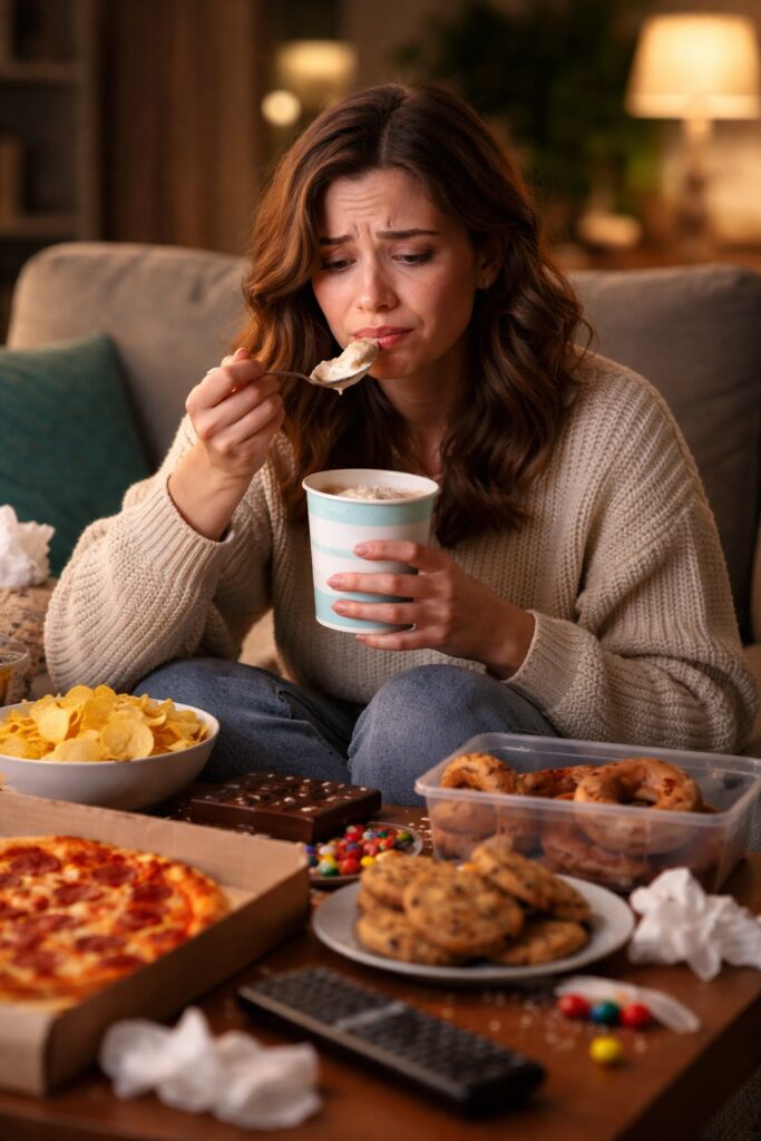 Woman sitting on a couch eating ice cream and surrounded by pizza, cookies, and chips, illustrating emotional eating and stress-related overeating.