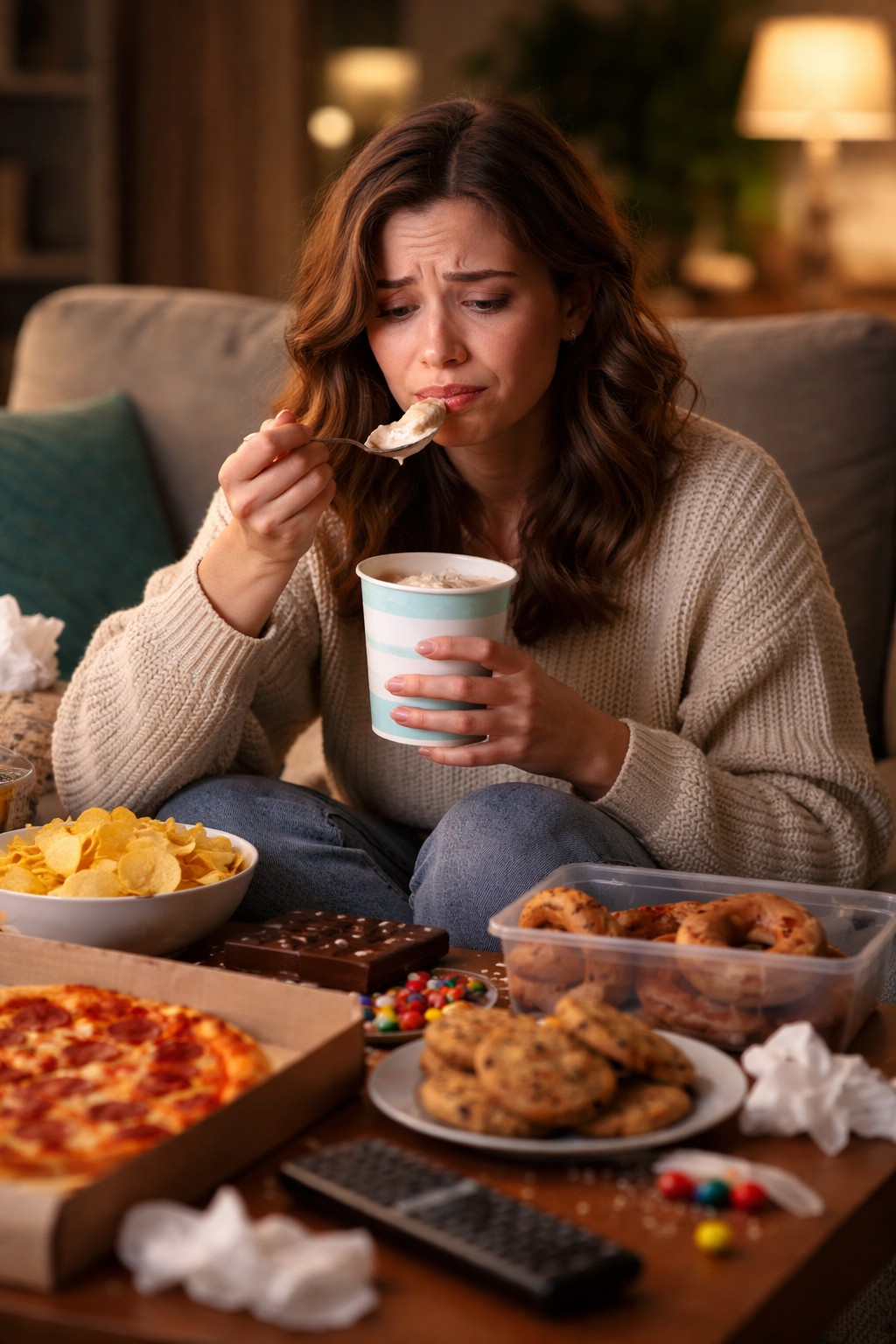 Woman sitting on a couch eating ice cream and surrounded by pizza, cookies, and chips, illustrating emotional eating and stress-related overeating.
