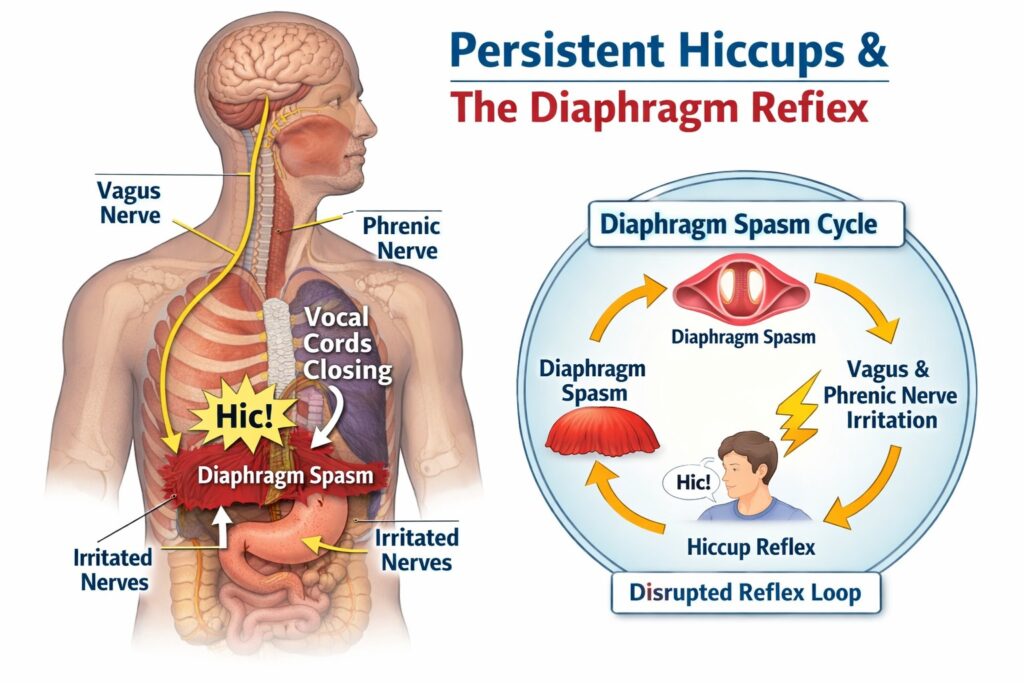 Persistent hiccups diagram showing diaphragm spasm cycle involving the vagus nerve and phrenic nerve.