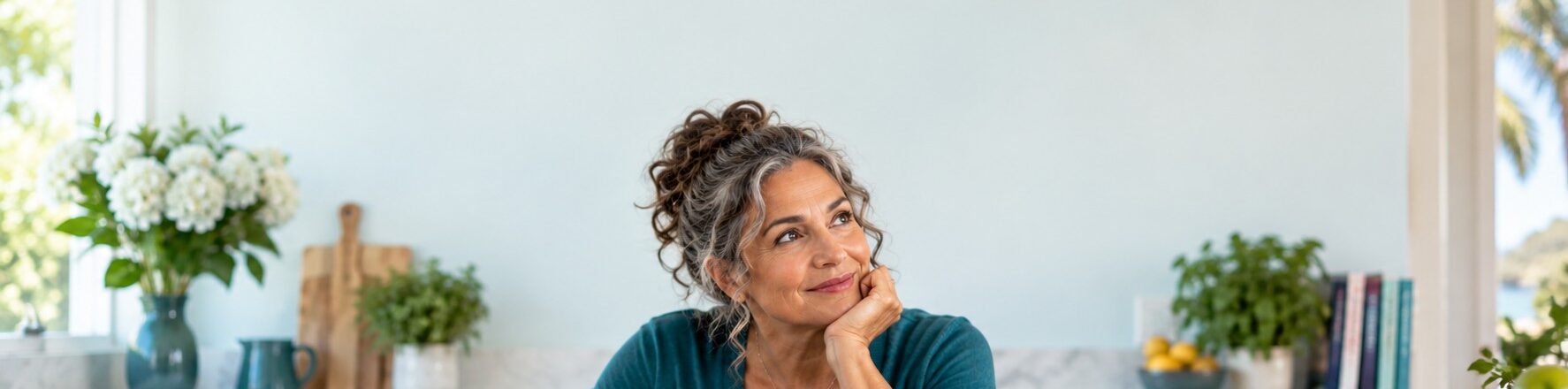 Woman sitting thoughtfully in a bright kitchen